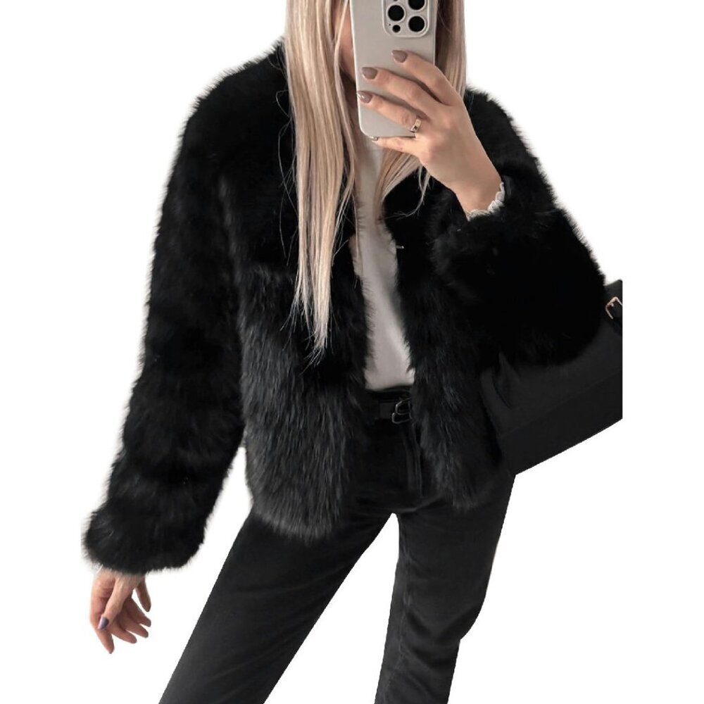 Faux Fur Cropped Jacket with Pockets, Long Sleeve, Size L